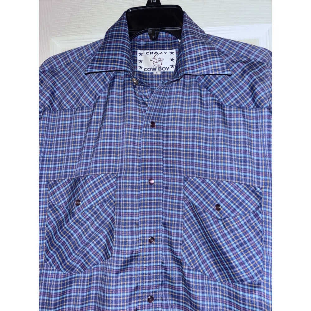 Vtg Crazy Cowboy Shirt Men's M Blue Plaid Pearl Snap Western Cowboy 90s Rodeo